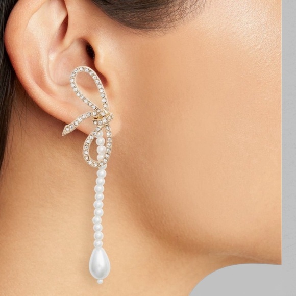Open Edit-Crystal Bow Faux Pearl Drop Earrings-Gold/White-NWT - Picture 2 of 4